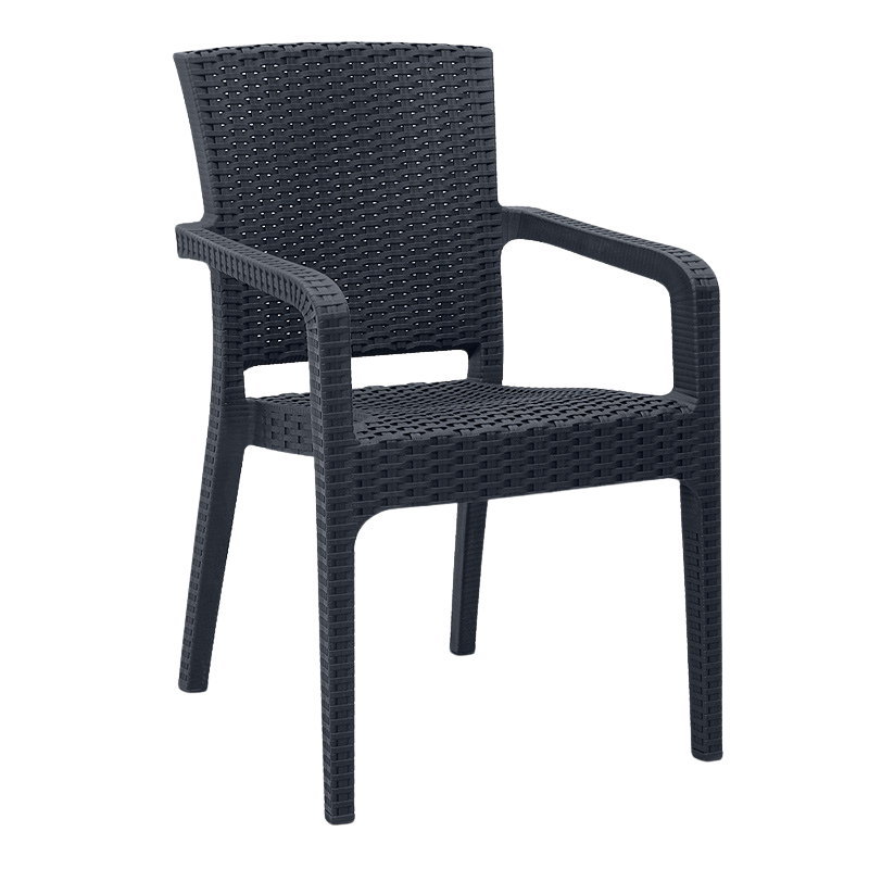 Garden Armchair PIACERE in anthracite color, made from recycled materials, showcasing its modern design and stackable feature.