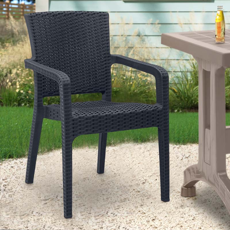 Garden Armchair PIACERE in anthracite color, made from recycled materials, showcasing its modern design and stackable feature.