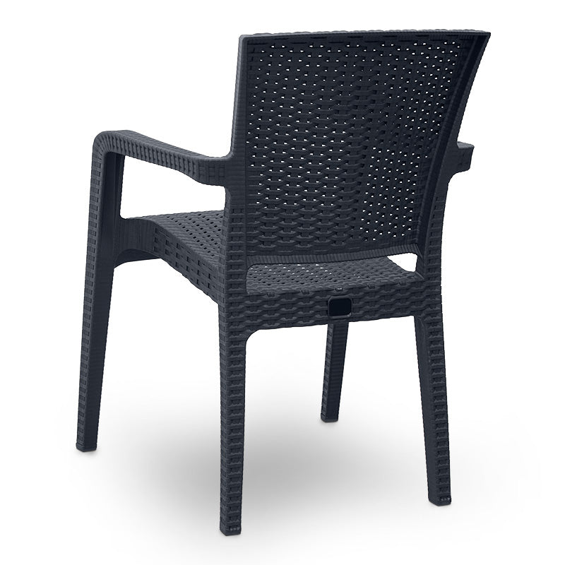 Garden Armchair PIACERE in anthracite color, made from recycled materials, showcasing its modern design and stackable feature.