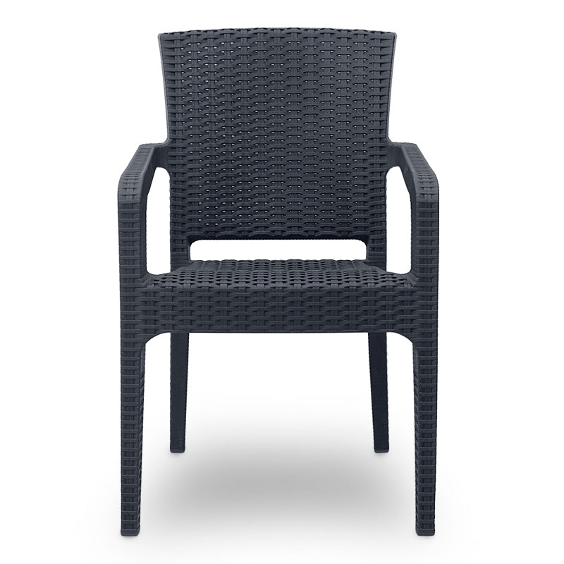 Garden Armchair PIACERE in anthracite color, made from recycled materials, showcasing its modern design and stackable feature.