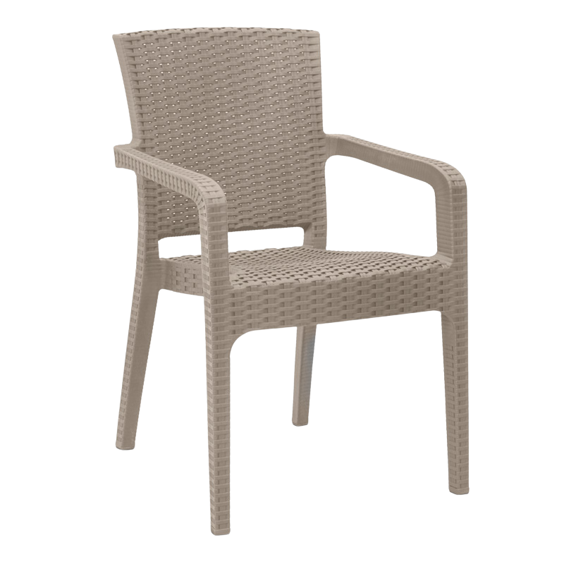 Garden Armchair PIACERE in cappuccino color, made from recycled materials, showcasing its stackable design and comfortable seating.