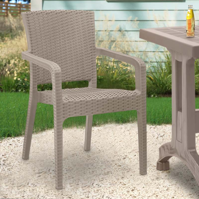 Garden Armchair PIACERE in cappuccino color, made from recycled materials, showcasing its stackable design and comfortable seating.