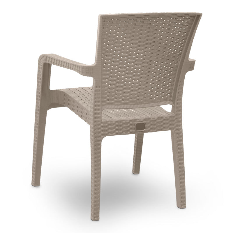 Garden Armchair PIACERE in cappuccino color, made from recycled materials, showcasing its stackable design and comfortable seating.