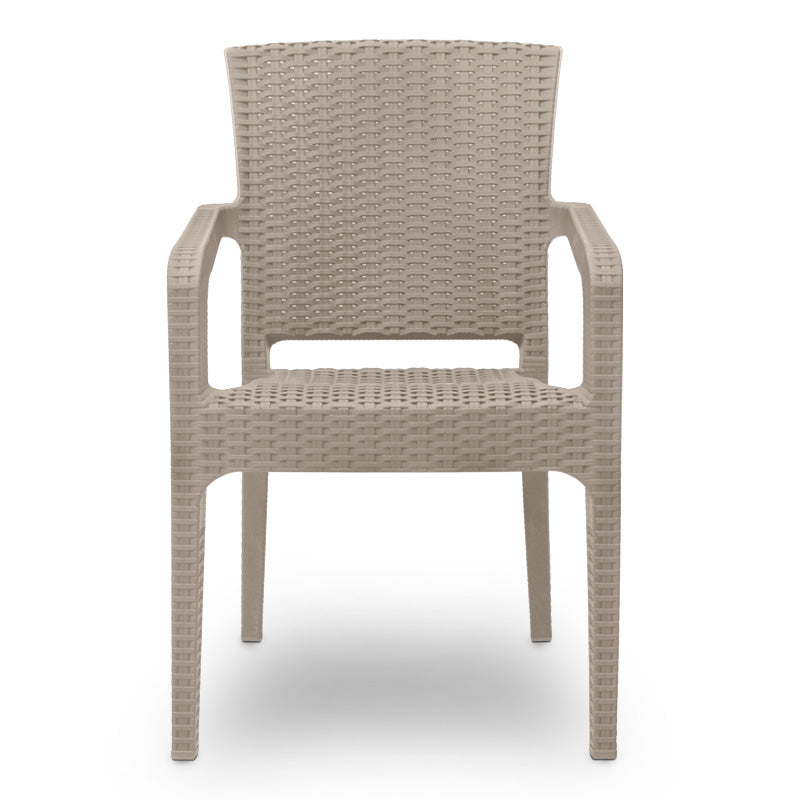 Garden Armchair PIACERE in cappuccino color, made from recycled materials, showcasing its stackable design and comfortable seating.