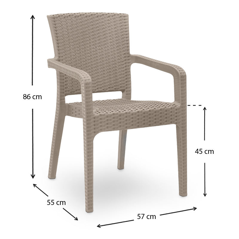 Garden Armchair PIACERE in cappuccino color, made from recycled materials, showcasing its stackable design and comfortable seating.