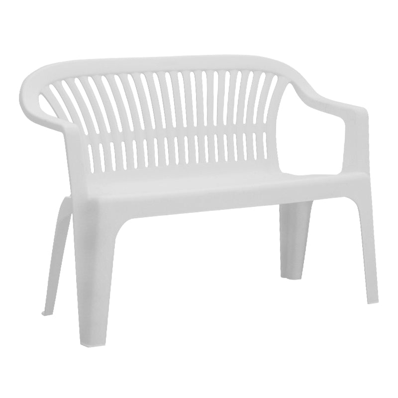 White CARLINA Garden Bench, two-seater made of durable polypropylene, stackable design for easy storage, dimensions 114x55x82 cm.