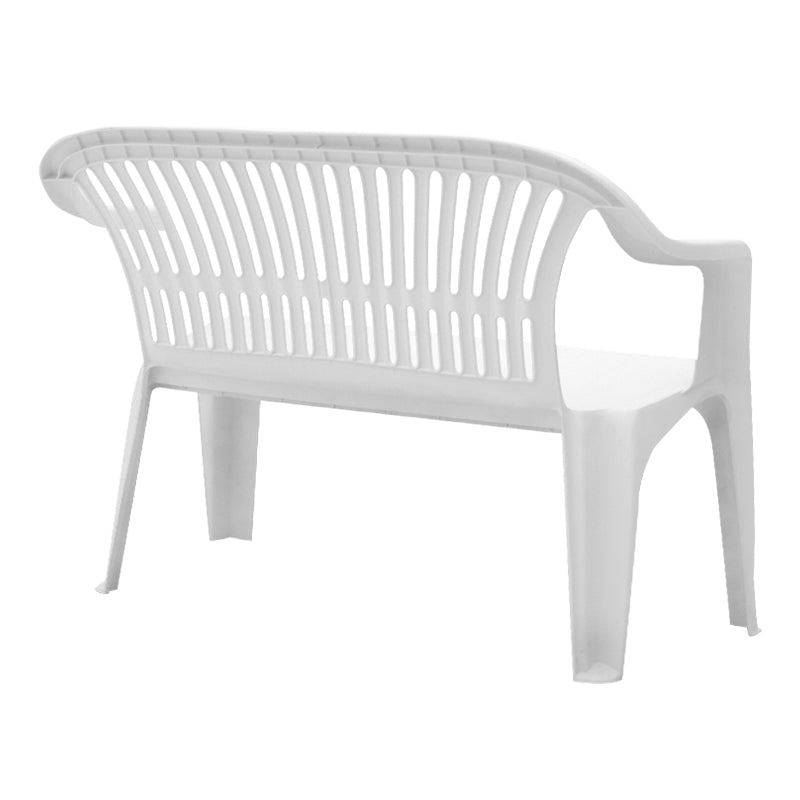 White CARLINA Garden Bench, two-seater made of durable polypropylene, stackable design for easy storage, dimensions 114x55x82 cm.