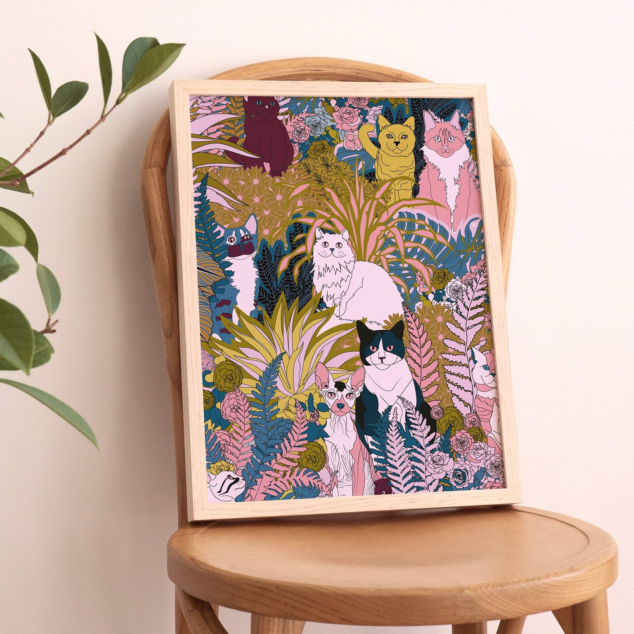 A whimsical art print featuring playful cats and kittens among colorful plants and flowers, perfect for cat lovers.