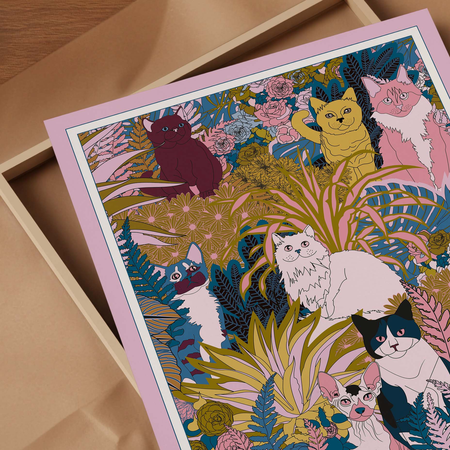 A whimsical art print featuring playful cats and kittens among colorful plants and flowers, perfect for cat lovers.