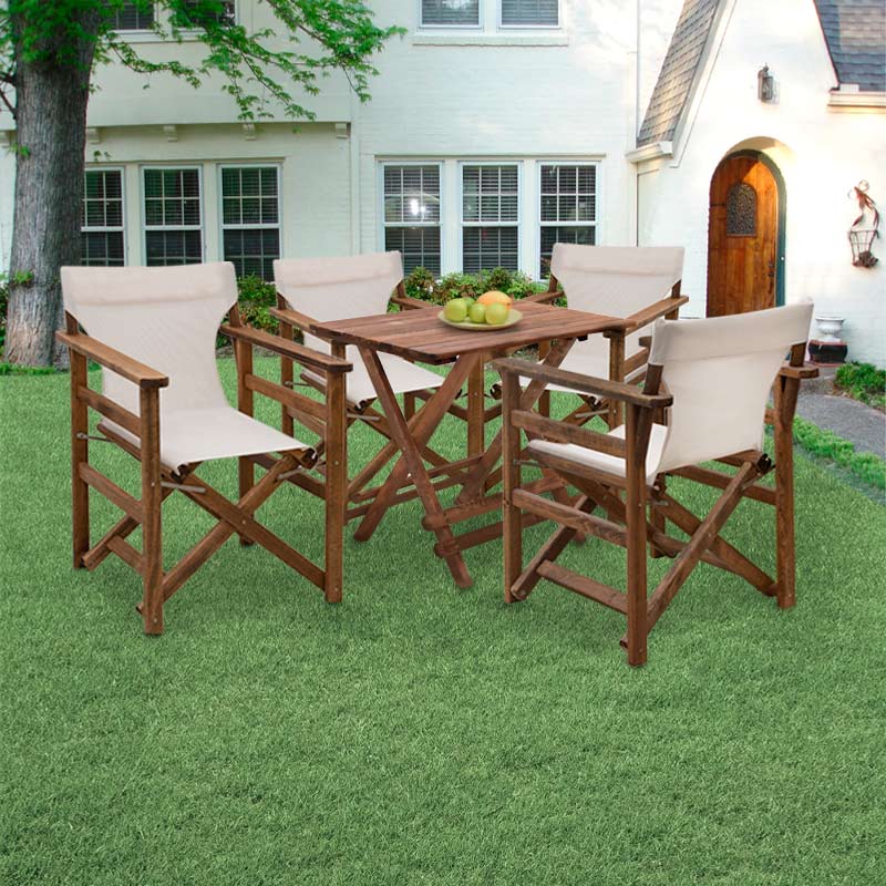 DUCHESS Garden Dining Set featuring a wooden table and director's chairs in walnut with ecru cloth, perfect for outdoor dining.