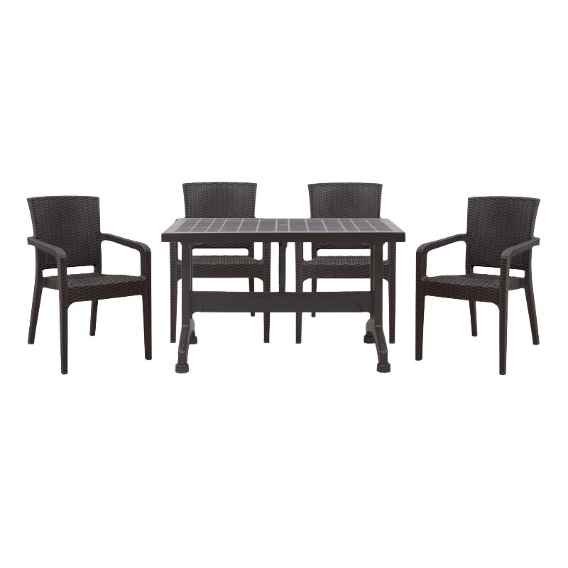 MARIUS 5-piece garden dining set featuring a brown polypropylene table and four recycled armchairs, perfect for outdoor dining.