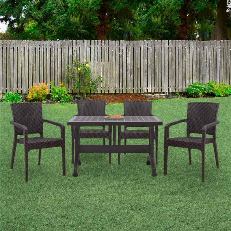 MARIUS 5-piece garden dining set featuring a brown polypropylene table and four recycled armchairs, perfect for outdoor dining.