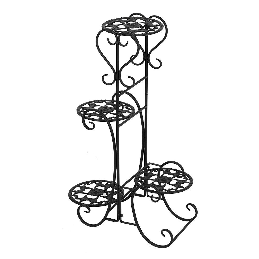 A stylish black metal garden flower stand with four rounded shelves, displaying various potted plants in an outdoor setting.