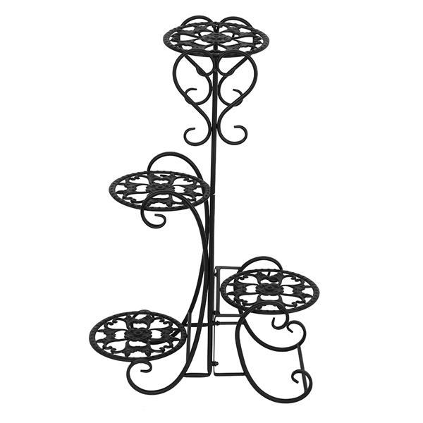 A stylish black metal garden flower stand with four rounded shelves, displaying various potted plants in an outdoor setting.