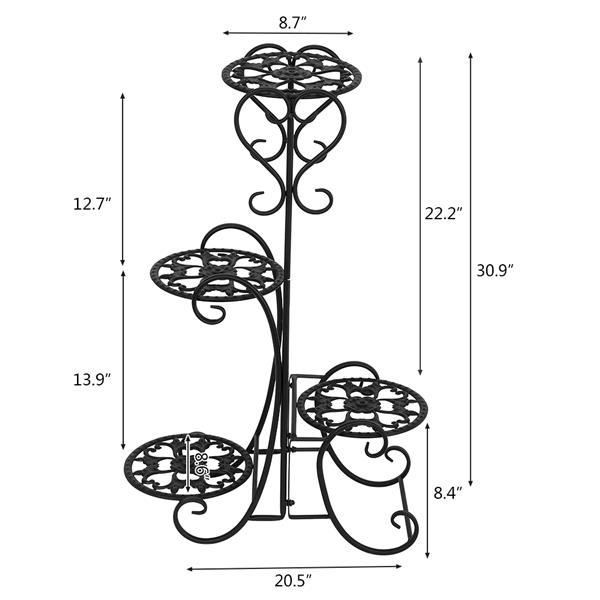 A stylish black metal garden flower stand with four rounded shelves, displaying various potted plants in an outdoor setting.