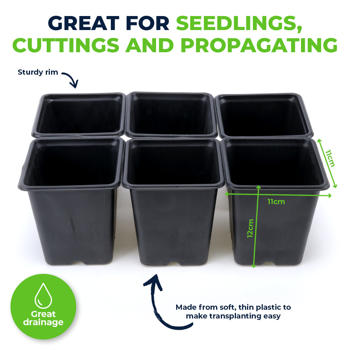 288PCE Garden Greens square planter pots, 11cm size, ideal for seedlings and herbs, featuring effective drainage holes and sturdy rims.