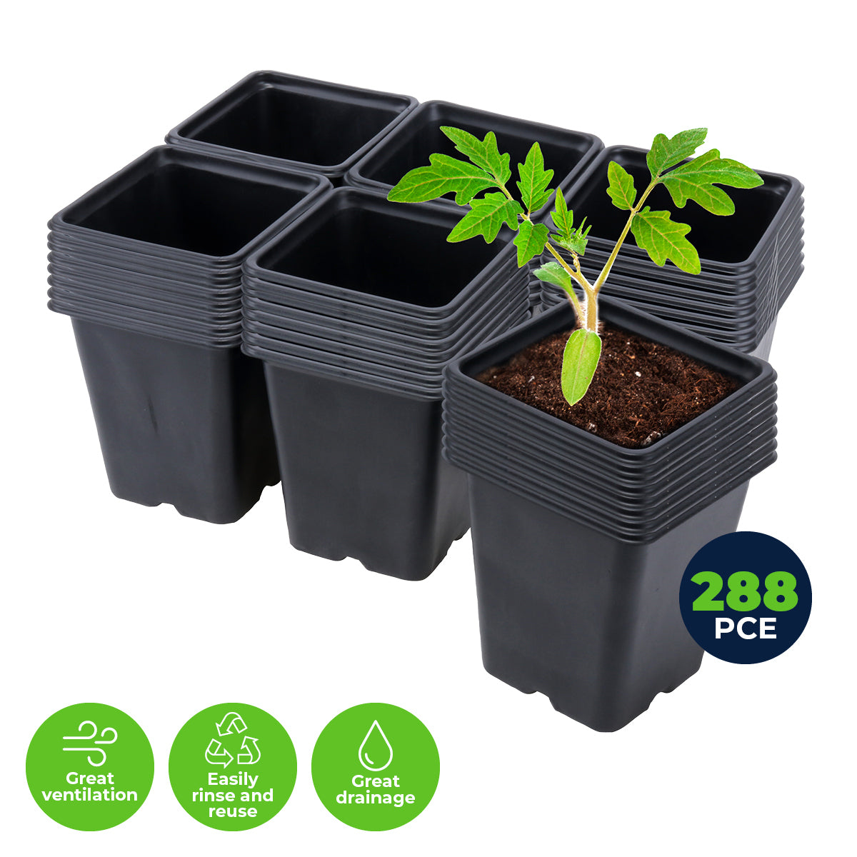 288PCE Garden Greens square planter pots, 11cm size, ideal for seedlings and herbs, featuring effective drainage holes and sturdy rims.