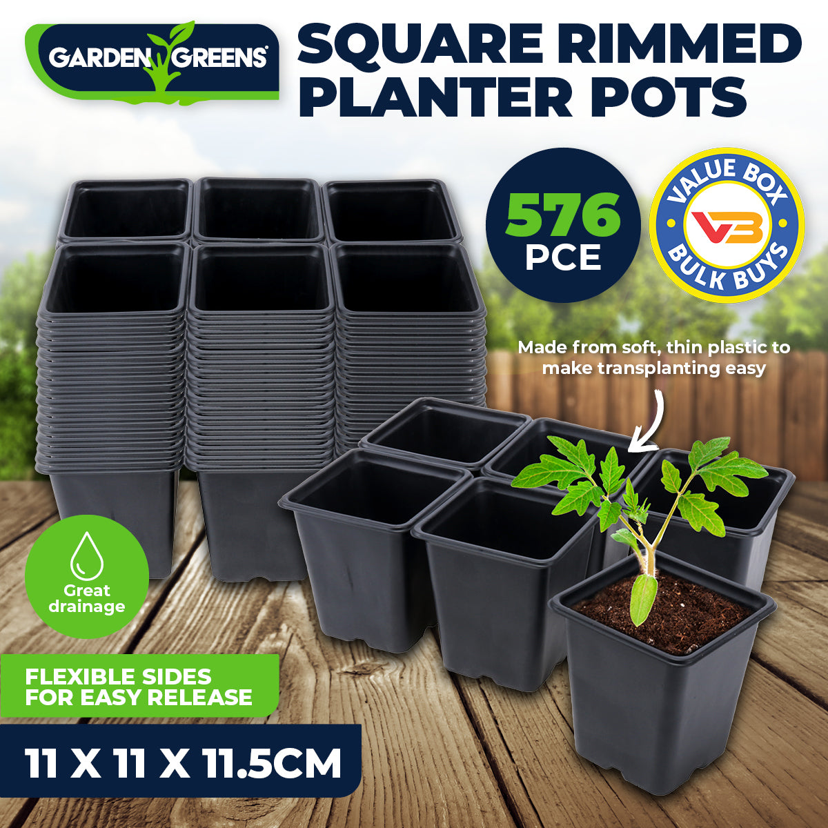 A collection of 576 square black planter pots, each measuring 11cm, designed for growing seedlings and herbs with flexible sides and drainage holes.