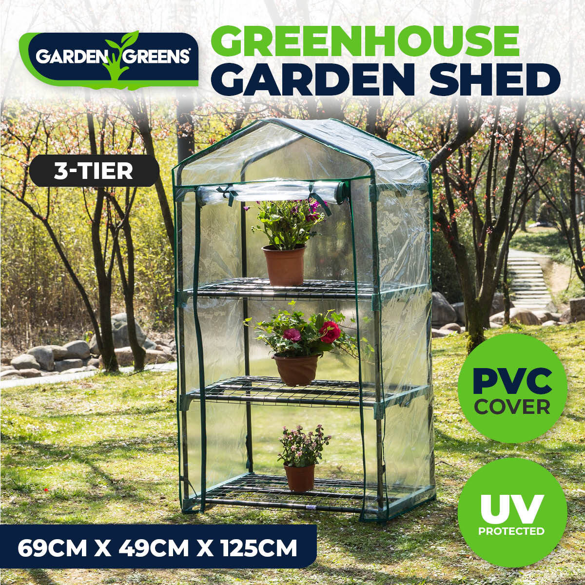 Garden Greens Greenhouse Shed with 3 tiers, UV protected cover, and zippered roll-up door, ideal for protecting plants and seedlings.