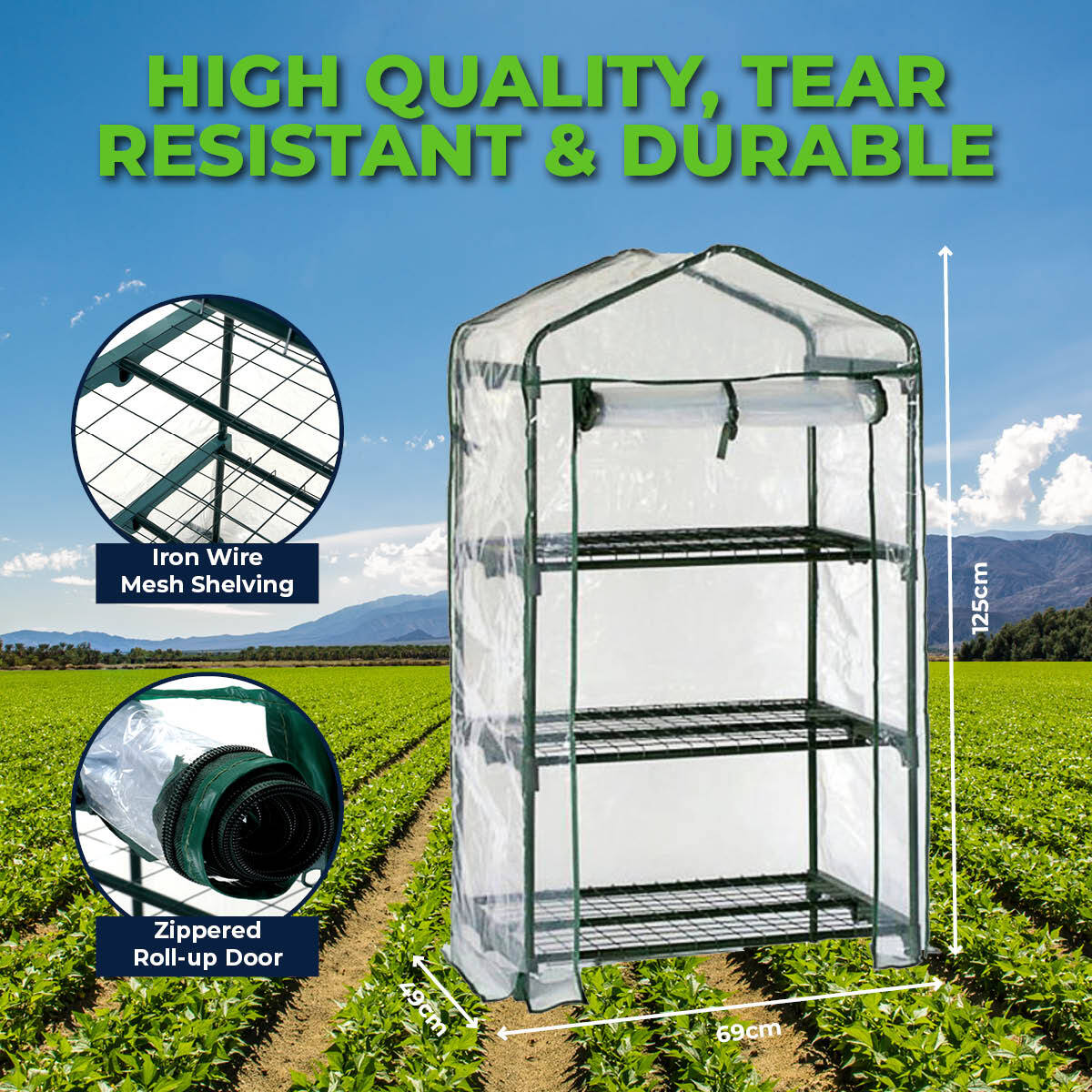 Garden Greens Greenhouse Shed with 3 tiers, UV protected cover, and zippered roll-up door, ideal for protecting plants and seedlings.