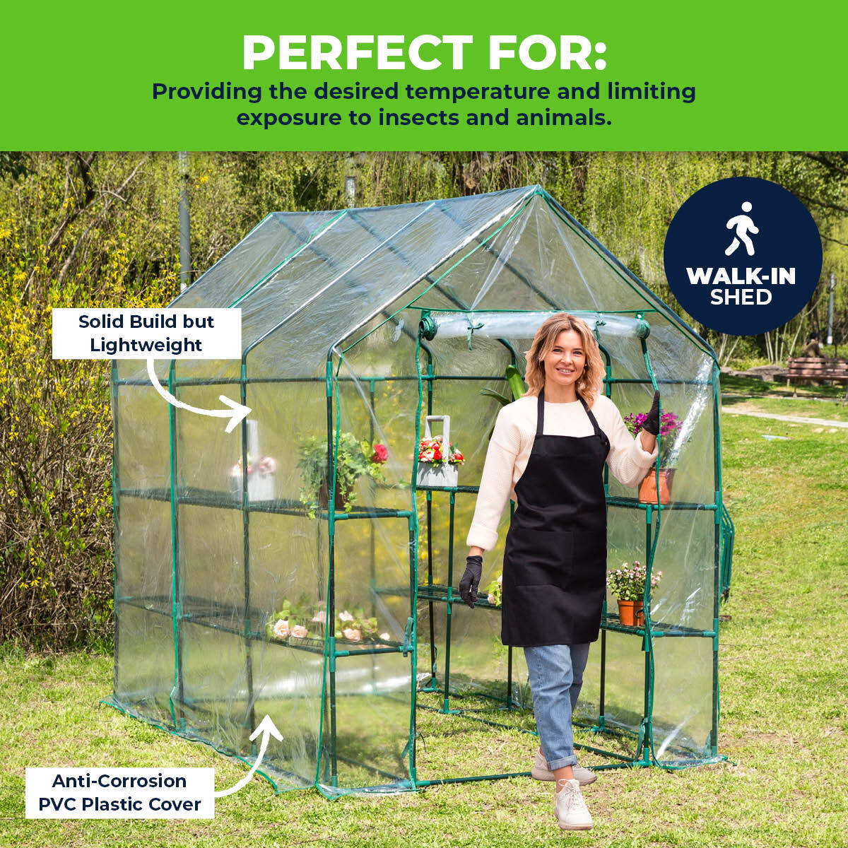 Garden Greens Greenhouse Walk-In Mega Sized Shed with 3-tier shelving, featuring a zippered roll-up door and durable PVC cover, ideal for plant protection.