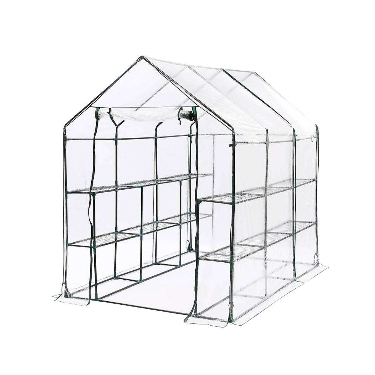 Garden Greens Greenhouse Walk-In Mega Sized Shed with 3-tier shelving, featuring a zippered roll-up door and durable PVC cover, ideal for plant protection.