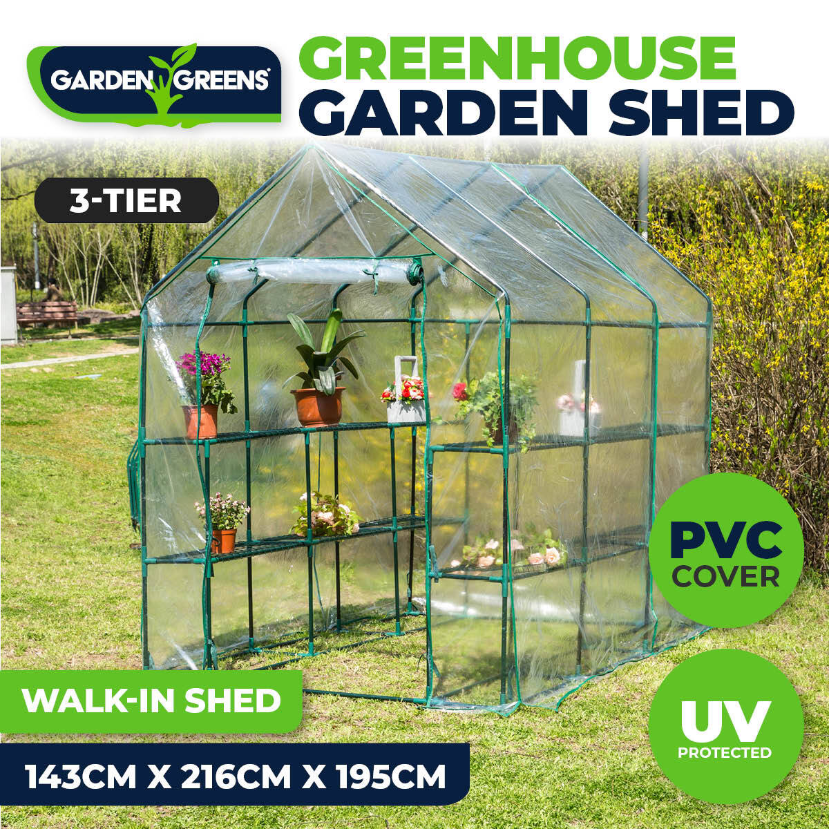 Garden Greens Greenhouse Walk-In Mega Sized Shed with 3-tier shelving, featuring a zippered roll-up door and durable PVC cover, ideal for plant protection.