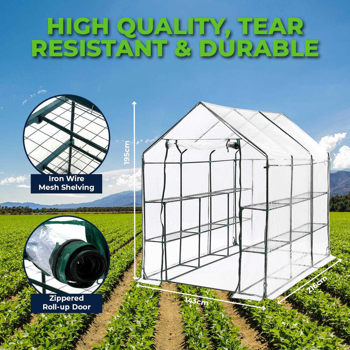 Garden Greens Greenhouse Walk-In Mega Sized Shed with 3-tier shelving, featuring a zippered roll-up door and durable PVC cover, ideal for plant protection.