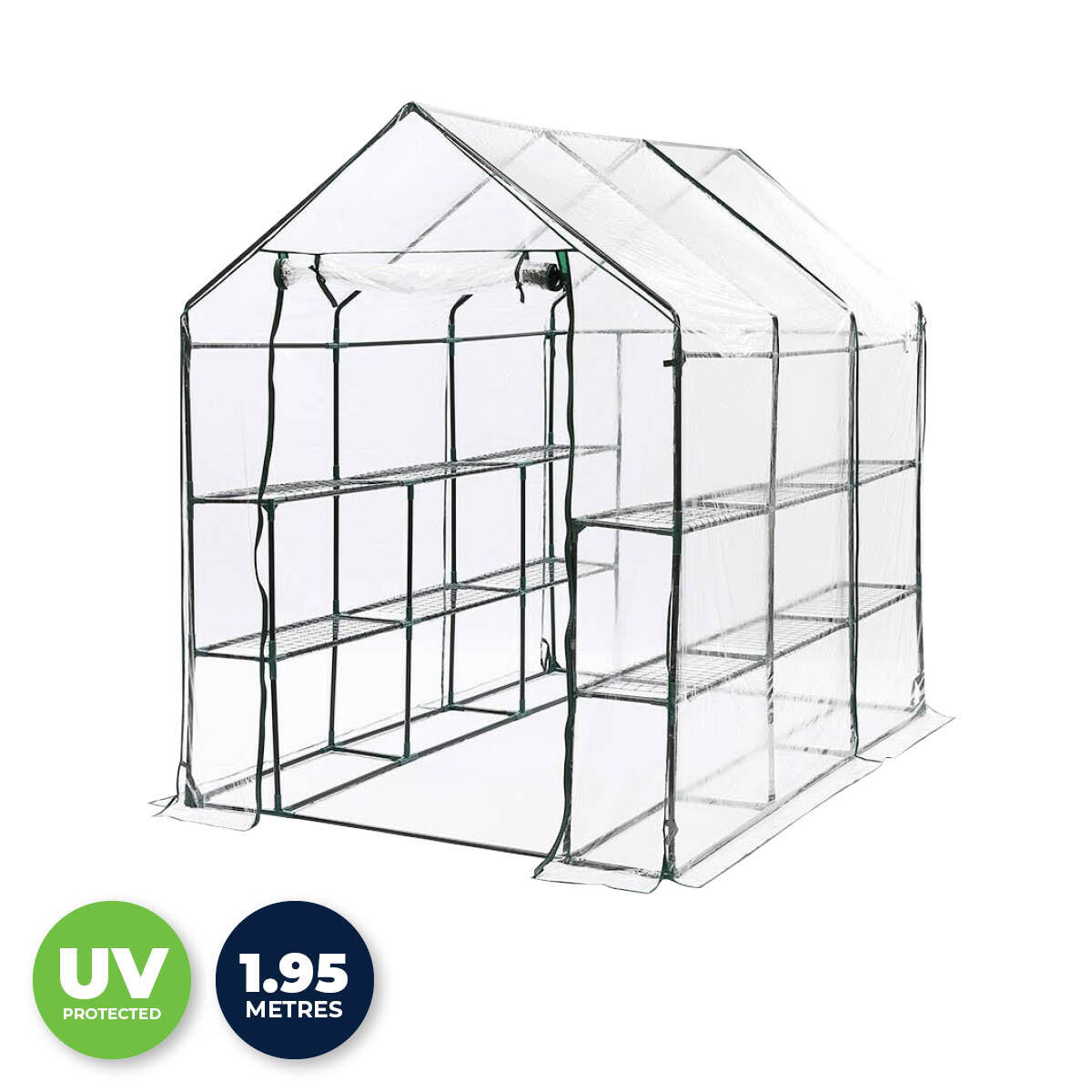 Garden Greens Greenhouse Walk-In Mega Sized Shed with 3-tier shelving, featuring a zippered roll-up door and durable PVC cover, ideal for plant protection.