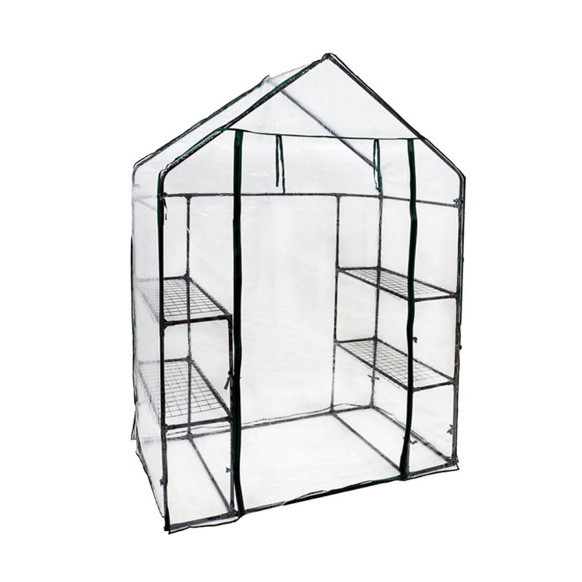 Garden Greens Greenhouse Walk-In Shed with 3-tier shelving, zippered roll-up door, and durable PVC cover, ideal for protecting plants.