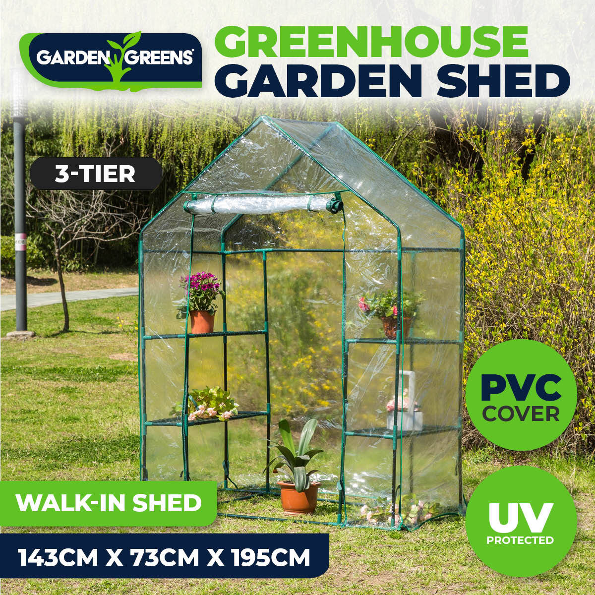 Garden Greens Greenhouse Walk-In Shed with 3-tier shelving, zippered roll-up door, and durable PVC cover, ideal for protecting plants.