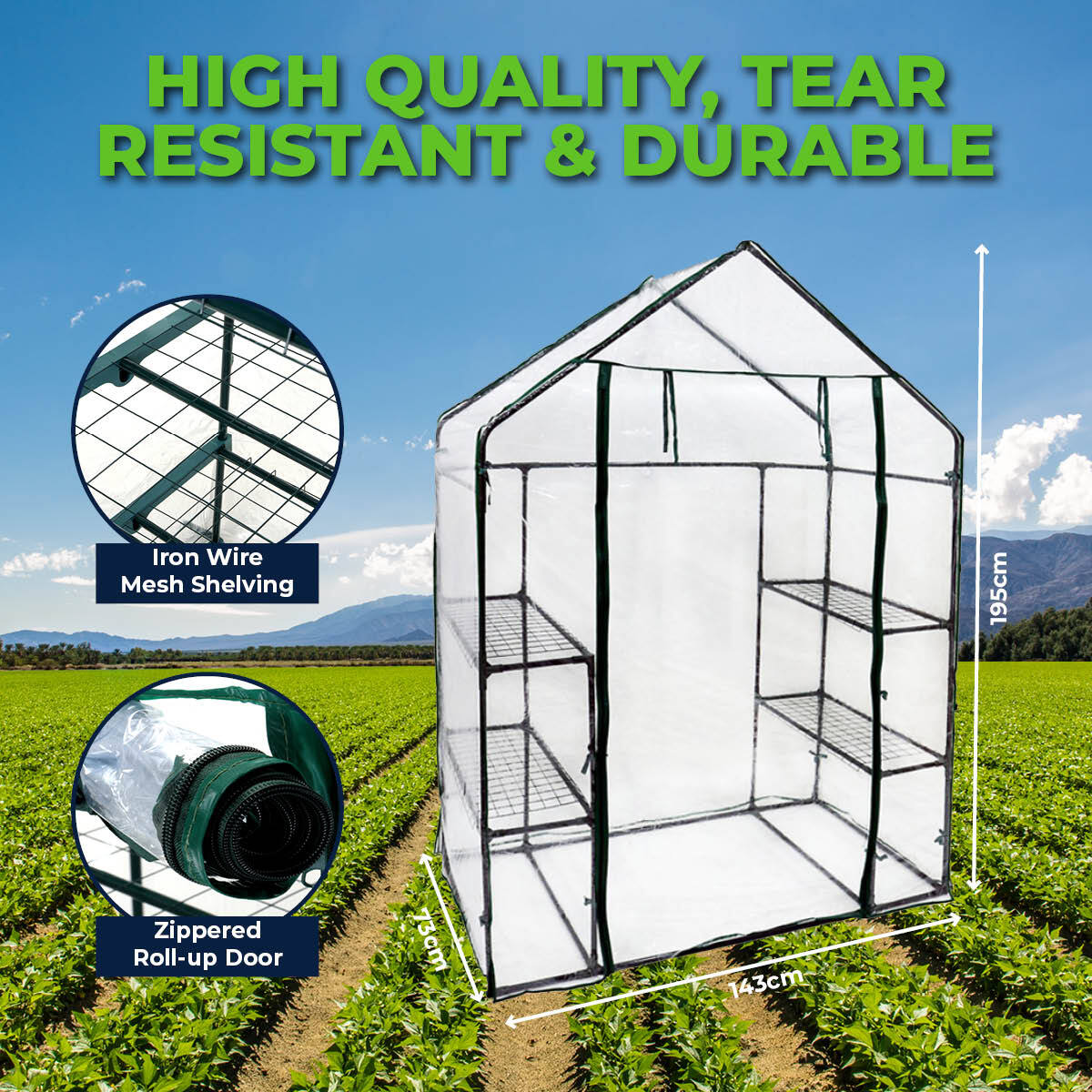 Garden Greens Greenhouse Walk-In Shed with 3-tier shelving, zippered roll-up door, and durable PVC cover, ideal for protecting plants.