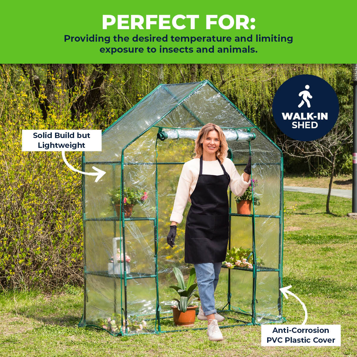 Garden Greens Greenhouse Walk-In Shed with 3-tier shelving, zippered roll-up door, and durable PVC cover, ideal for protecting plants.