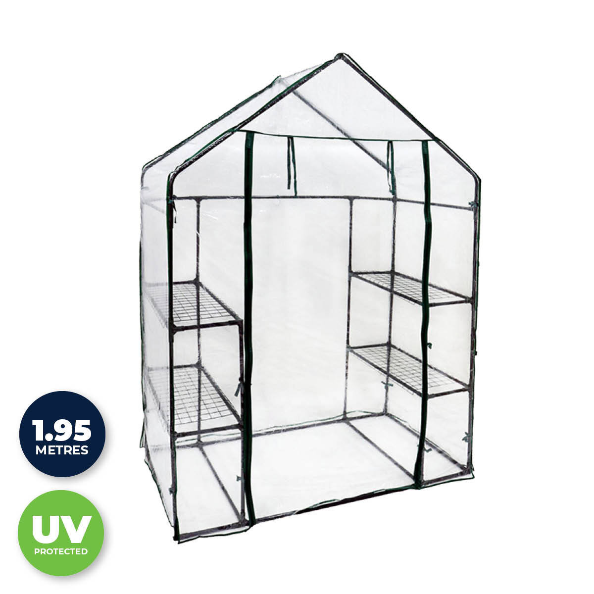 Garden Greens Greenhouse Walk-In Shed with 3-tier shelving, zippered roll-up door, and durable PVC cover, ideal for protecting plants.