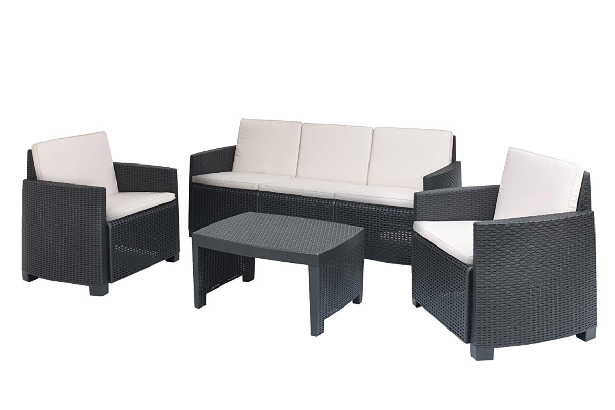 Four-piece garden lounge set AMSTERDAM in anthracite color, featuring a three-seater sofa, two armchairs with cushions, and a small table.