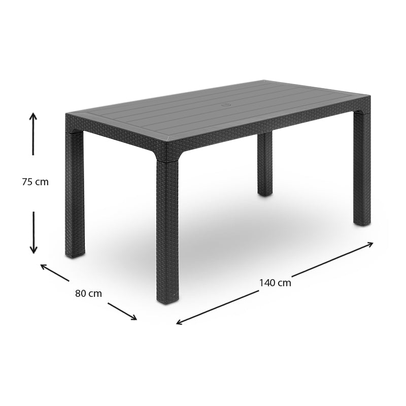 Garden Table INGE in anthracite color, measuring 140x80x74cm, made of durable polypropylene, perfect for outdoor use.