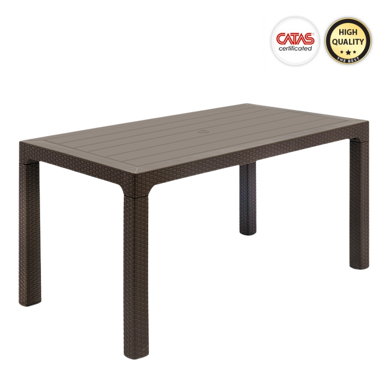 Brown polypropylene garden table INGE, measuring 140x80x74cm, perfect for outdoor dining and gatherings.