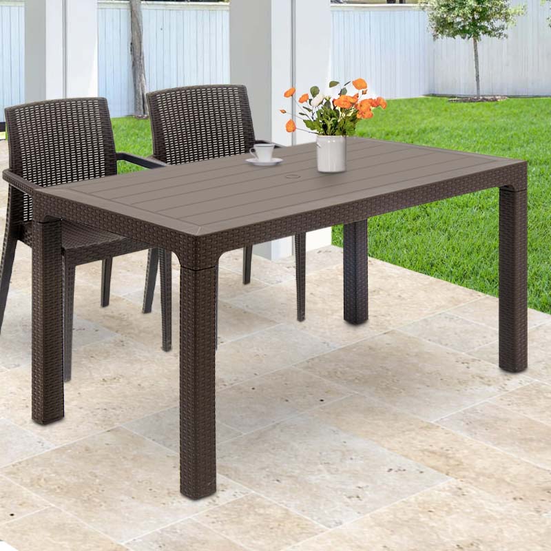 Brown polypropylene garden table INGE, measuring 140x80x74cm, perfect for outdoor dining and gatherings.