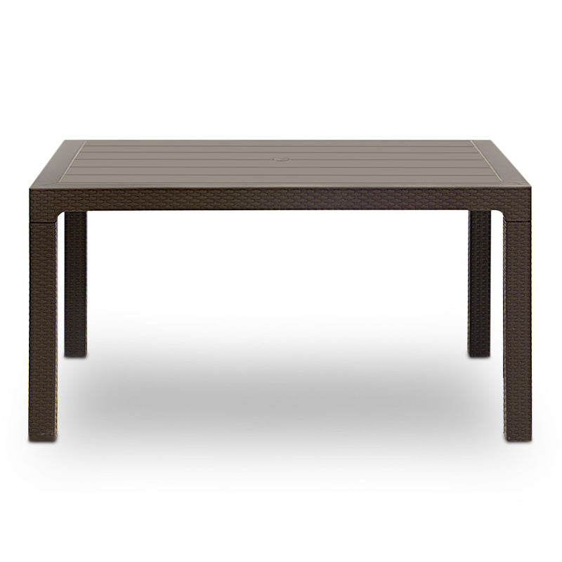 Brown polypropylene garden table INGE, measuring 140x80x74cm, perfect for outdoor dining and gatherings.