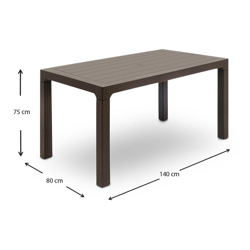 Brown polypropylene garden table INGE, measuring 140x80x74cm, perfect for outdoor dining and gatherings.