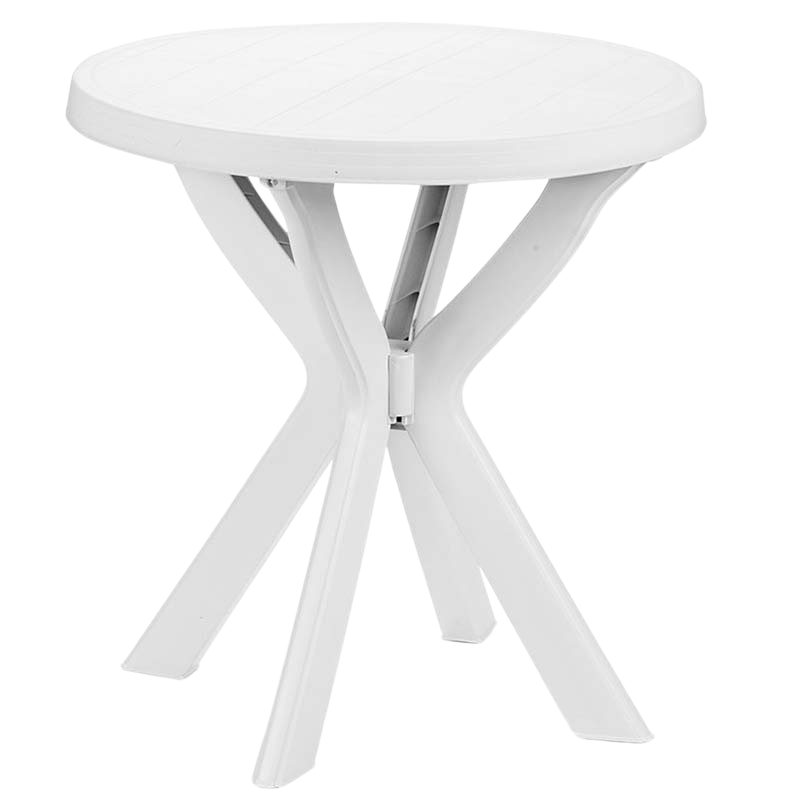 Garden Table LEONI in white, made of durable polypropylene, measuring Ø.70x72cm, suitable for indoor and outdoor use.