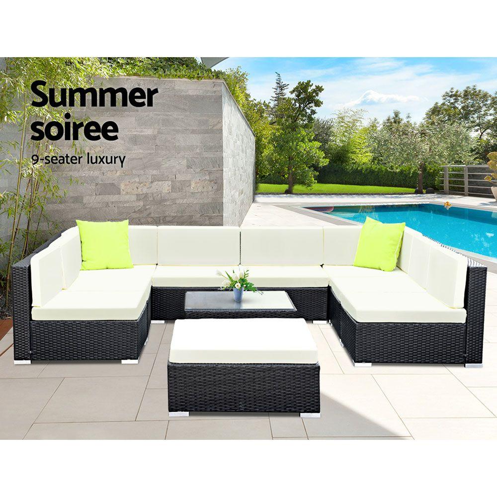 Gardeon 10PC Outdoor Furniture Sofa Set featuring wicker design, beige cushions, and lime green throw pillows in a garden setting.