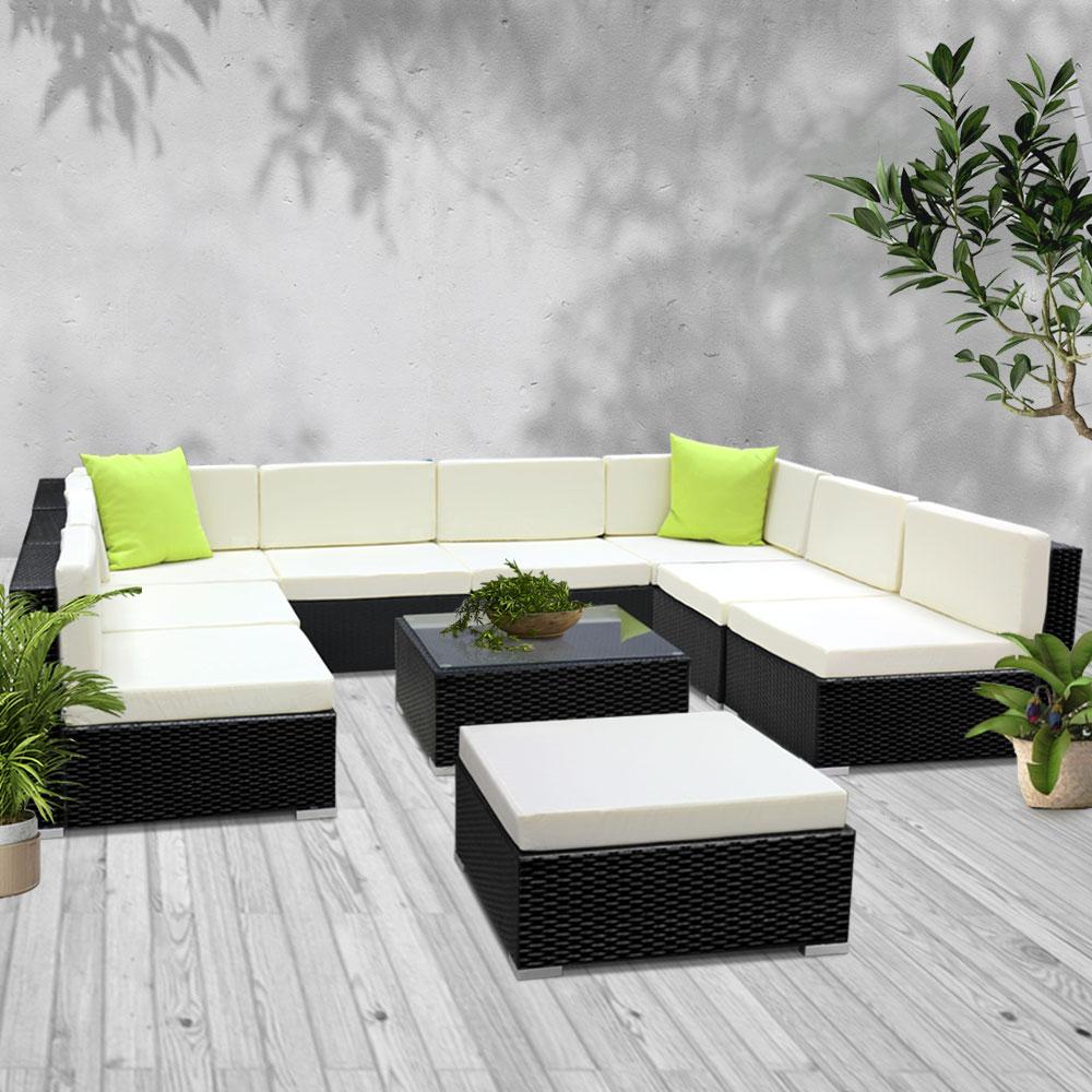 Gardeon 10PC Outdoor Furniture Sofa Set featuring wicker design, beige cushions, and lime green throw pillows in a garden setting.