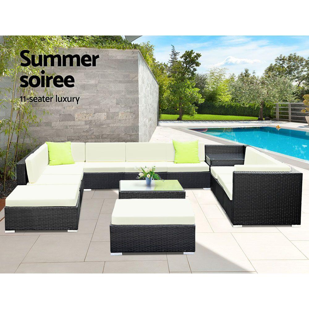 Gardeon 13PC Outdoor Furniture Sofa Set featuring black aluminum frame, beige cushions, and lime green throw pillows, perfect for garden or patio.