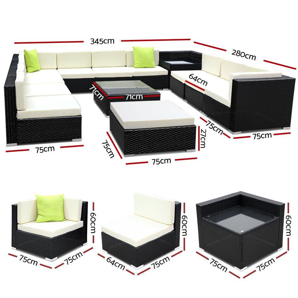 Gardeon 13PC Outdoor Furniture Sofa Set featuring black aluminum frame, beige cushions, and lime green throw pillows, perfect for garden or patio.