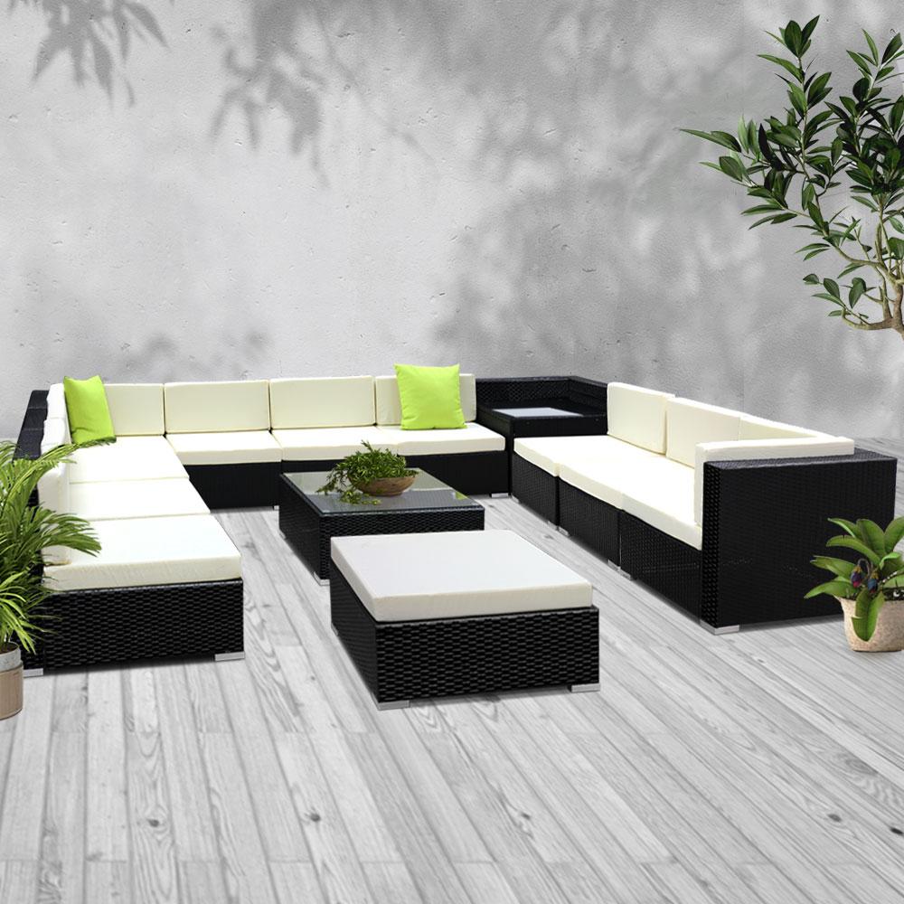 Gardeon 13PC Outdoor Furniture Sofa Set featuring black aluminum frame, beige cushions, and lime green throw pillows, perfect for garden or patio.