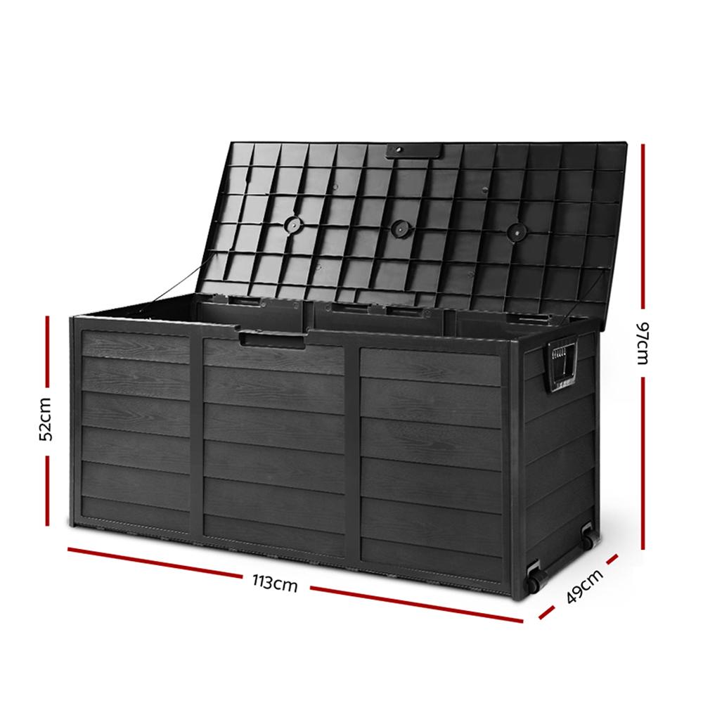 Gardeon 290L Outdoor Storage Box in all black, showcasing its spacious design and lockable lid, ideal for outdoor and indoor storage.