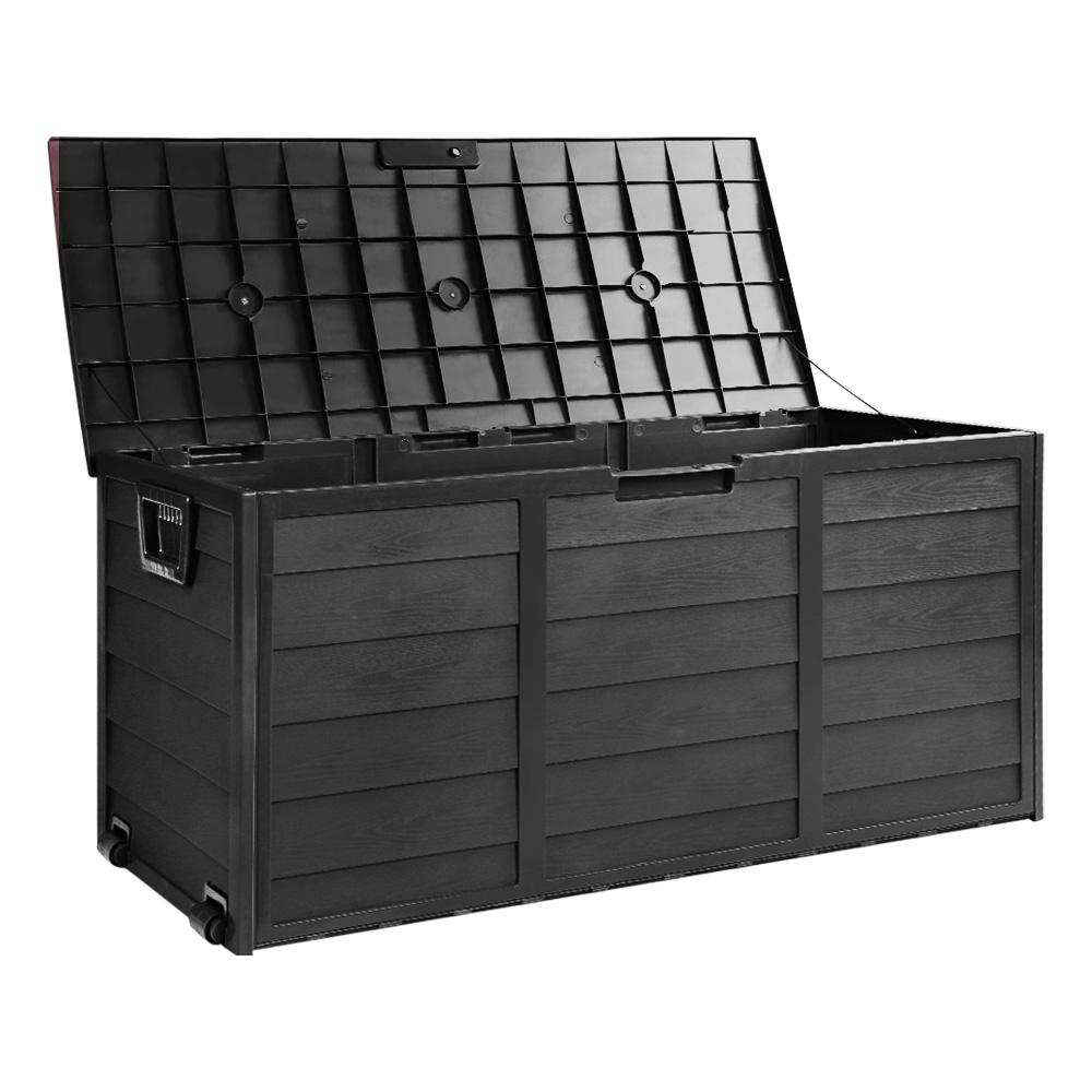 Gardeon 290L Outdoor Storage Box in all black, showcasing its spacious design and lockable lid, ideal for outdoor and indoor storage.