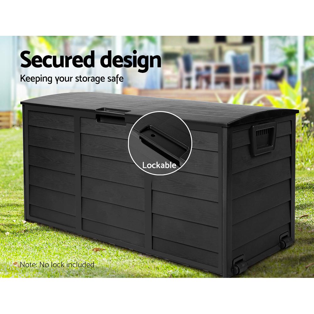 Gardeon 290L Outdoor Storage Box in all black, showcasing its spacious design and lockable lid, ideal for outdoor and indoor storage.