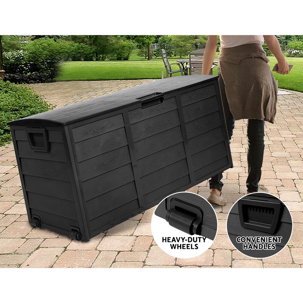 Gardeon 290L Outdoor Storage Box in all black, showcasing its spacious design and lockable lid, ideal for outdoor and indoor storage.